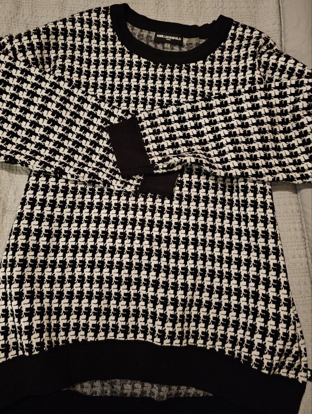 Karl Lagerfeld Black and White Houndstooth Crewneck Sweater